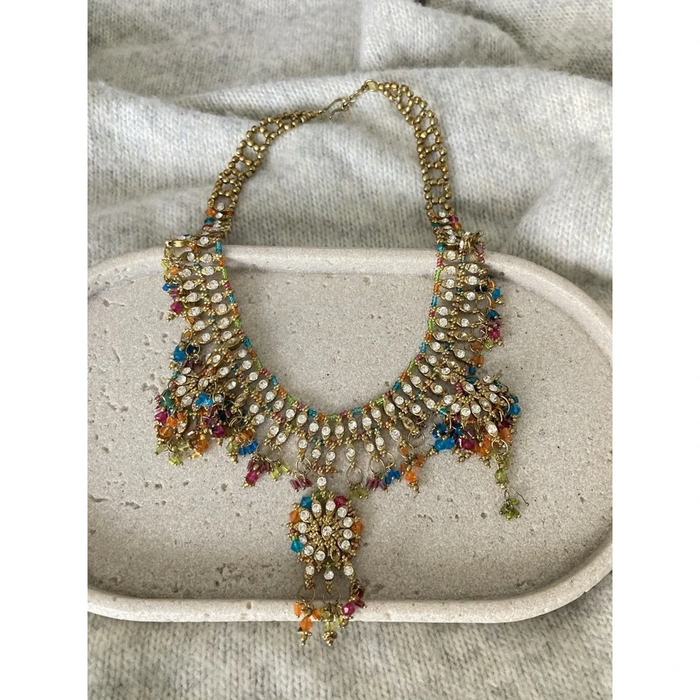 Gold Tone Rhinestone Bib Necklace‎ Multicolor Beaded Dangle Bollywood Bling